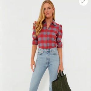 Tuckernuck Saranac Puff Sleeve Button-Down — Red & Grey — Size Small